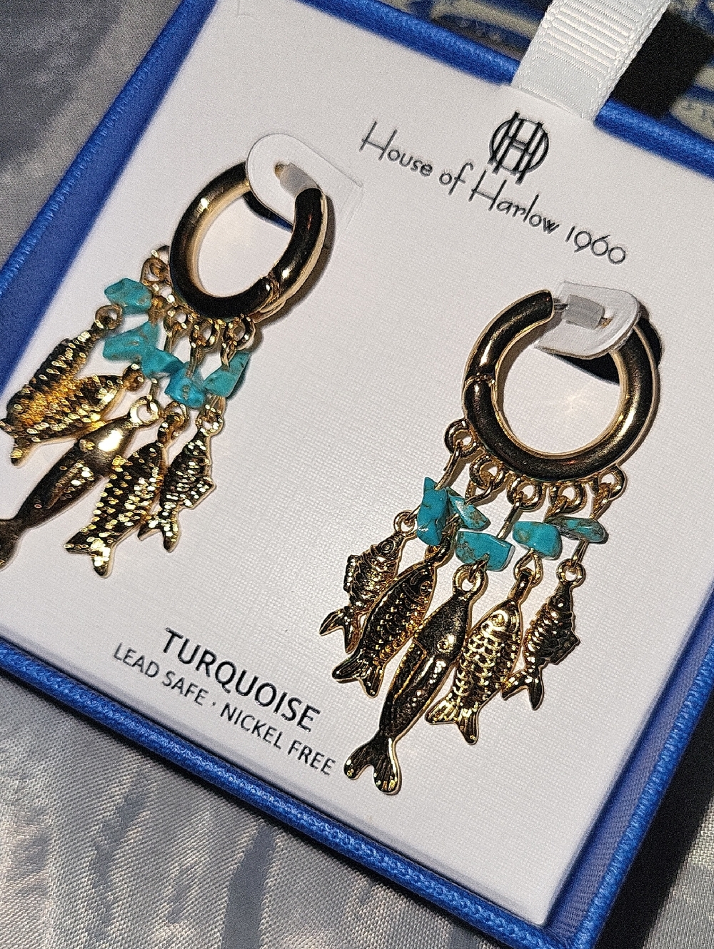 House of Harlow 1960 Gold Hoop Earrings with Turquoise & Fish Charms Bnib taM
